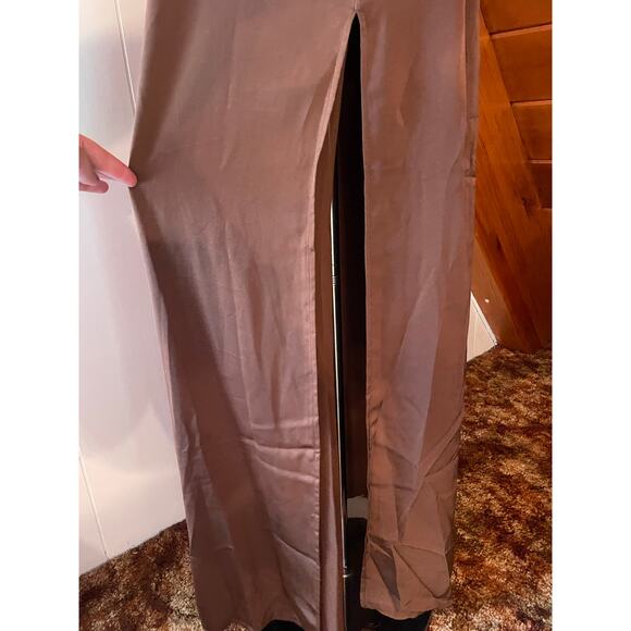 Lulus Lovely Drama Brown Satin Sleeveless A-Line Maxi Dress NWT sz L - Picture 7 of 11